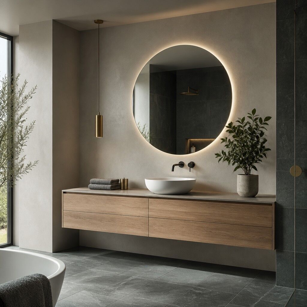 Wall-hung oak vanity with a backlit round mirror